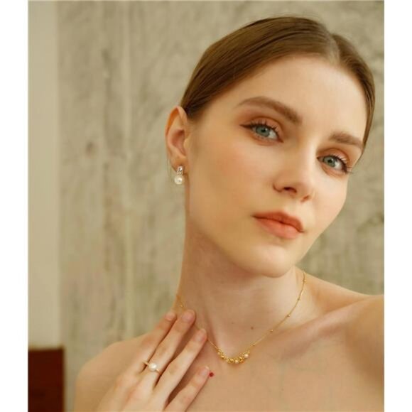 18K Gold-Plated Pearl Drop Earrings | CZ Rectangle Halo Studs - Picture 5 of 6